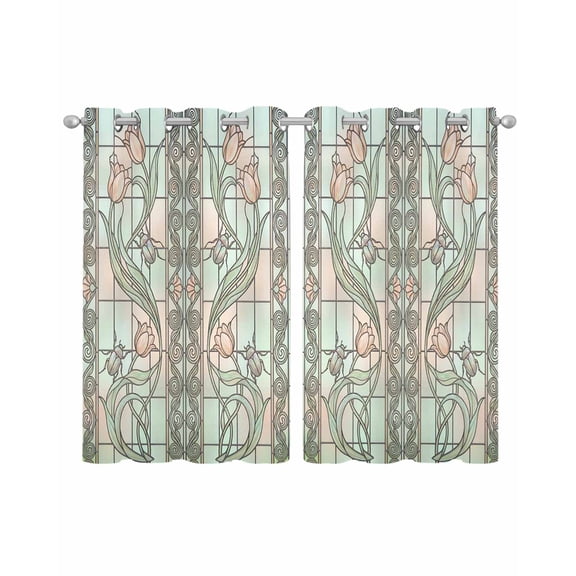 Stained Glass Sheer Curtains 45 Inch Length 2 Panels Set for Living Room/Bedroom, Vintage Colorful Flower Animal Textured Kitchen Curtains Grommet Semi-Sheer Curtains Window Treatments 42"x45"x2