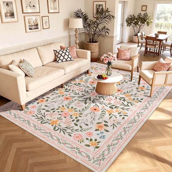 Bleum Cade 5'x7' Pink Rugs for Living Room,Boho Washable Floral Rugs for Bedroom Girls Room Decor,Ultra Soft Faux Wool Non Slip Low Pile Stain Resistant Carpet for Kids Living Dining Room Indoor
