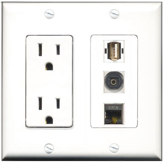 RiteAV - 15 Amp Power Outlet 1 Port USB A-A 1 Port Shielded Cat6 Ethernet Ethernet 1 Port Toslink Decorative Wall Plate