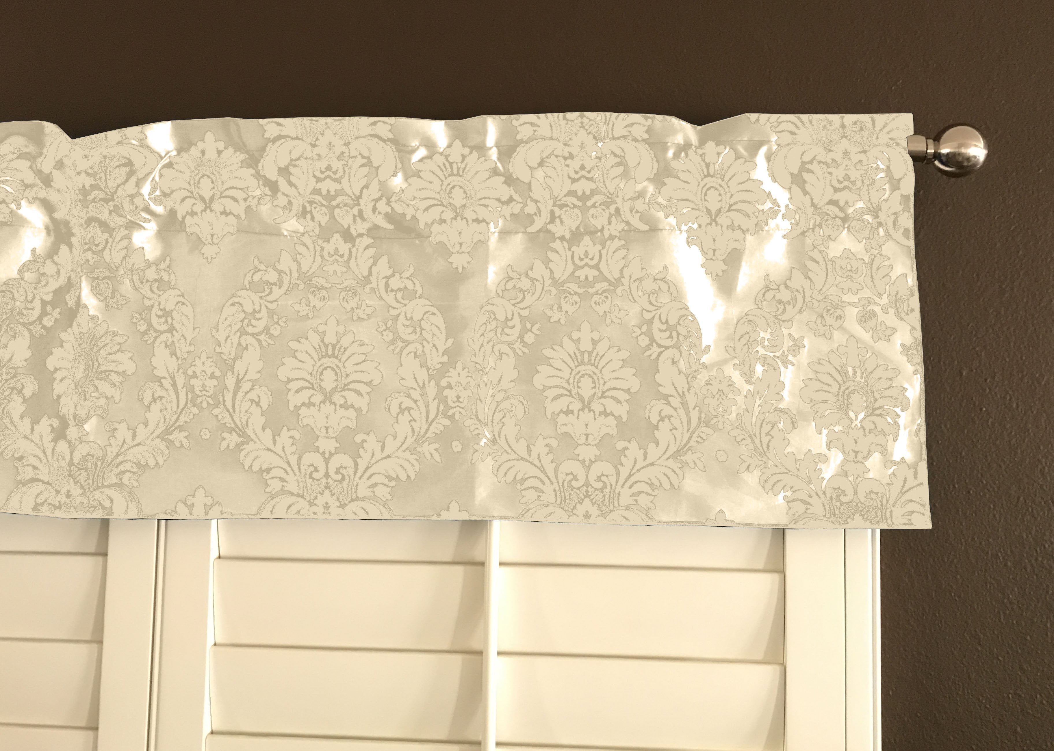 Flocked Damask Window Valance 58" Wide Ivory on Ivory