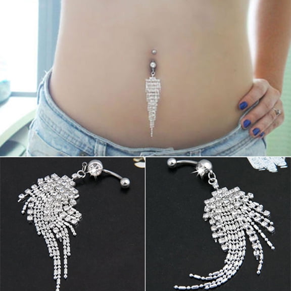 Yesbay Women Rhinestone Tassel Long Chain Dangle Navel Bar Button Belly Ring Jewelry-