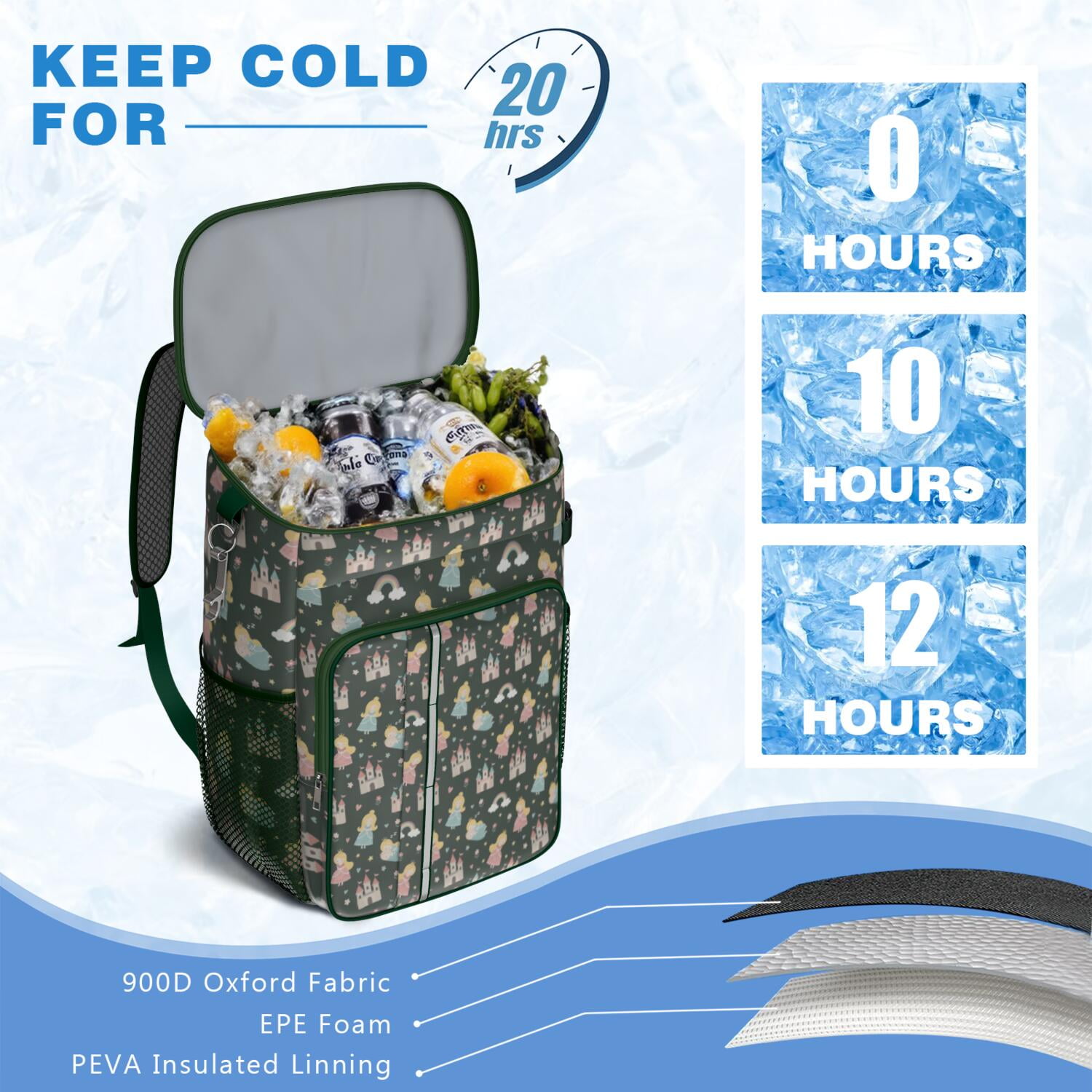 Travel Cooler Bag - Dark Green Princess Castle Rainbow Pattern Camping Beer Cooler Backpack with Bottle Opener- Waterproof Insulated Picnic Backpacks - Cooler Bag for Beach