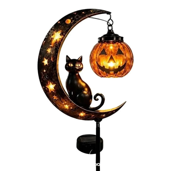 Garden Lamp Decoration Halloween Black Cat & Pumpkin Moon Garden Stake Light, Outdoor Waterproof Metal Pumpkin Stake Decor