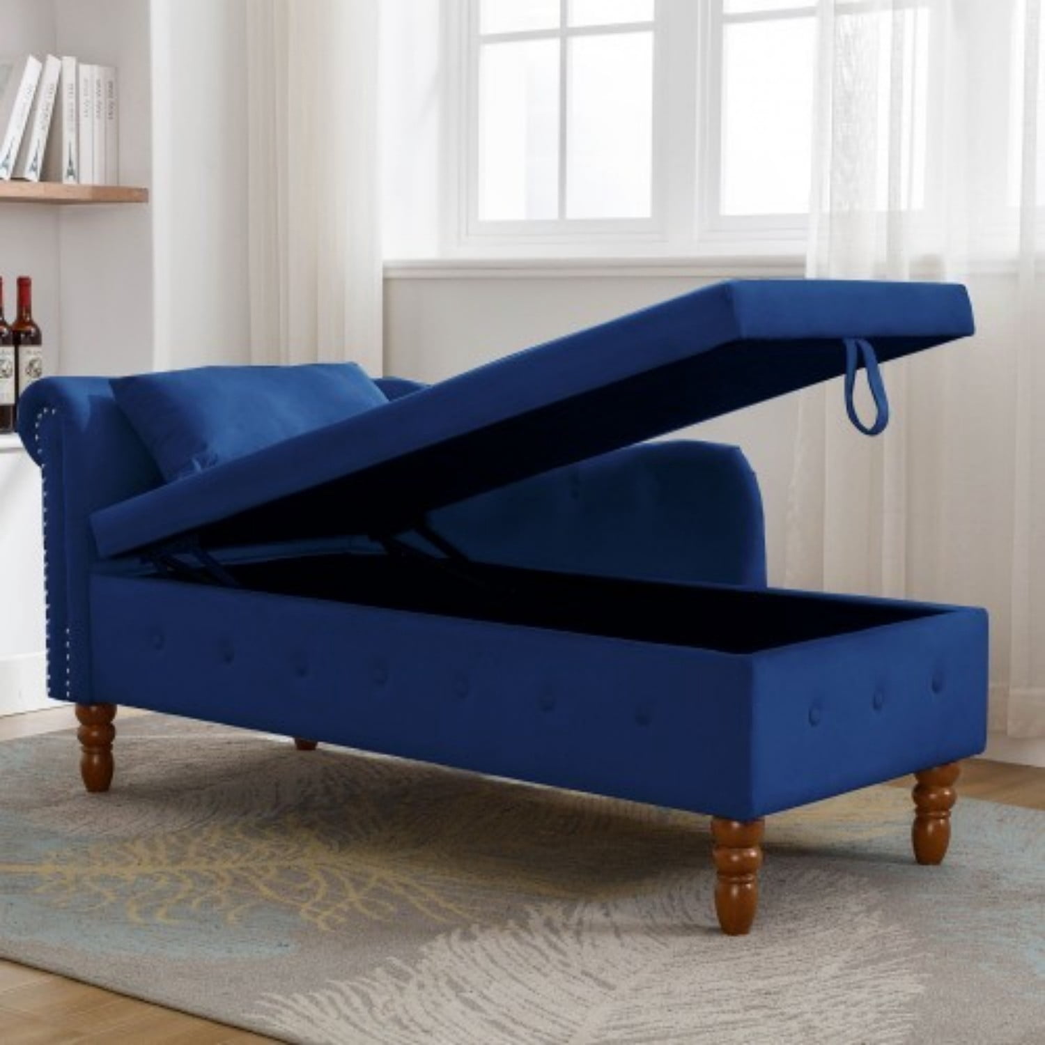 Velvet Chaise Lounge Chair with Storage, Upholstered Chesterfield Lounge Chair with Rolled Arm, Tufted Back, Pillow & Hidden Storage for Living Room, Bedroom & Office, Navy Blue