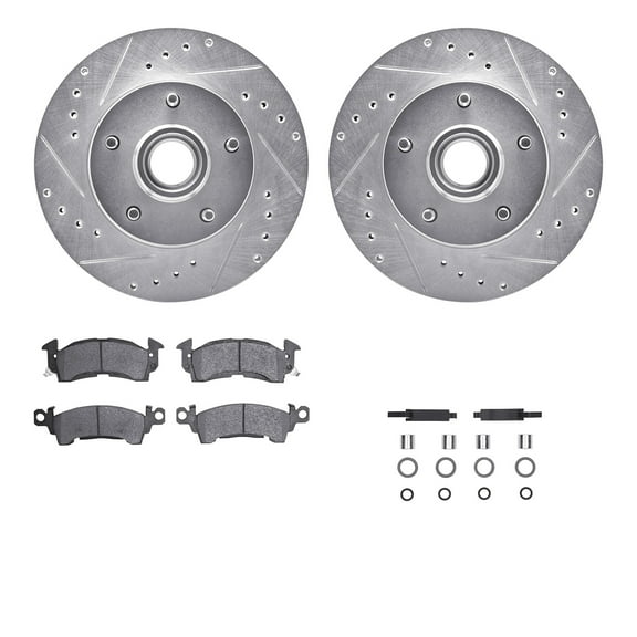 Dynamic Friction Company Front Brake Rotors-Drilled and Slotted-Silver with Heavy Duty Brake Pads includes Hardware 7212-47033