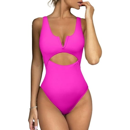 Womens One Piece Swimsuits Tummy Control Bathing Suit for Women Push Up Swimwear V Neck High Cut Monokini