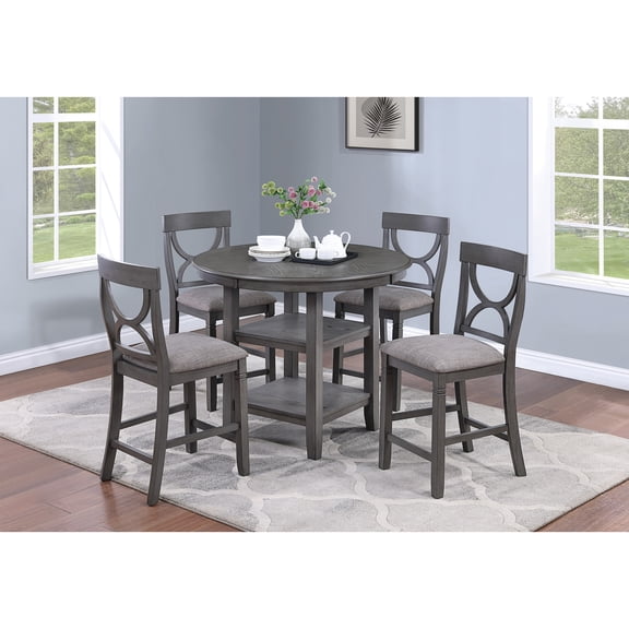 Contemporary 5 Dining , Counter Height, Gray Table With Storage, 4 Padded Chairs Height And Chair Gray, Round, Storage Function,