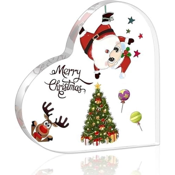 Merry Christmas Indoor Decor 4"L x 4"W x 0.4"H Inch, Acrylic Heart Plaque with Santa & Reindeer, Farmhouse Coworker Christmas Ornament