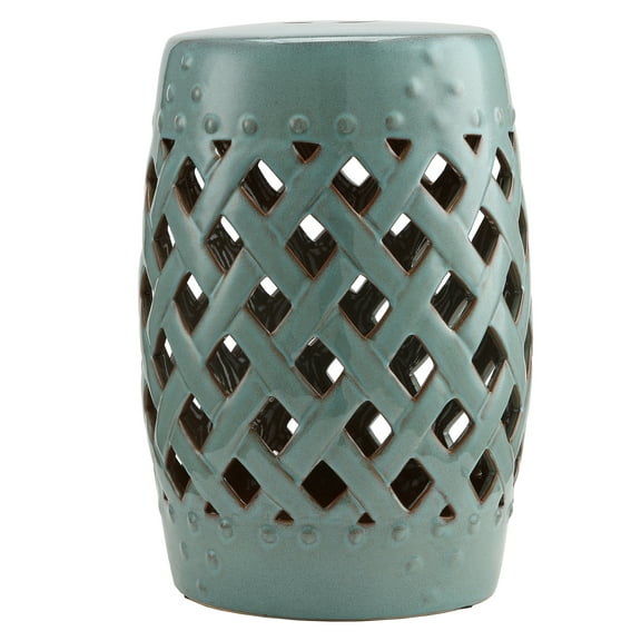 Garden Stool - 13"x18" Ceramic Outdoor Patio Seat, Decorative End Table with Lattice Design, Antique Blue