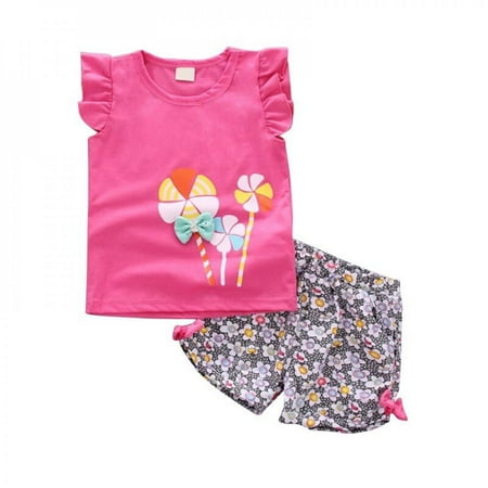 

Newborn Baby Girl Clothes Set Cartoon Printing T-shirt Floral Bow Shorts Baby Clothes Set Fashion Girl Clothes Rose Red XL