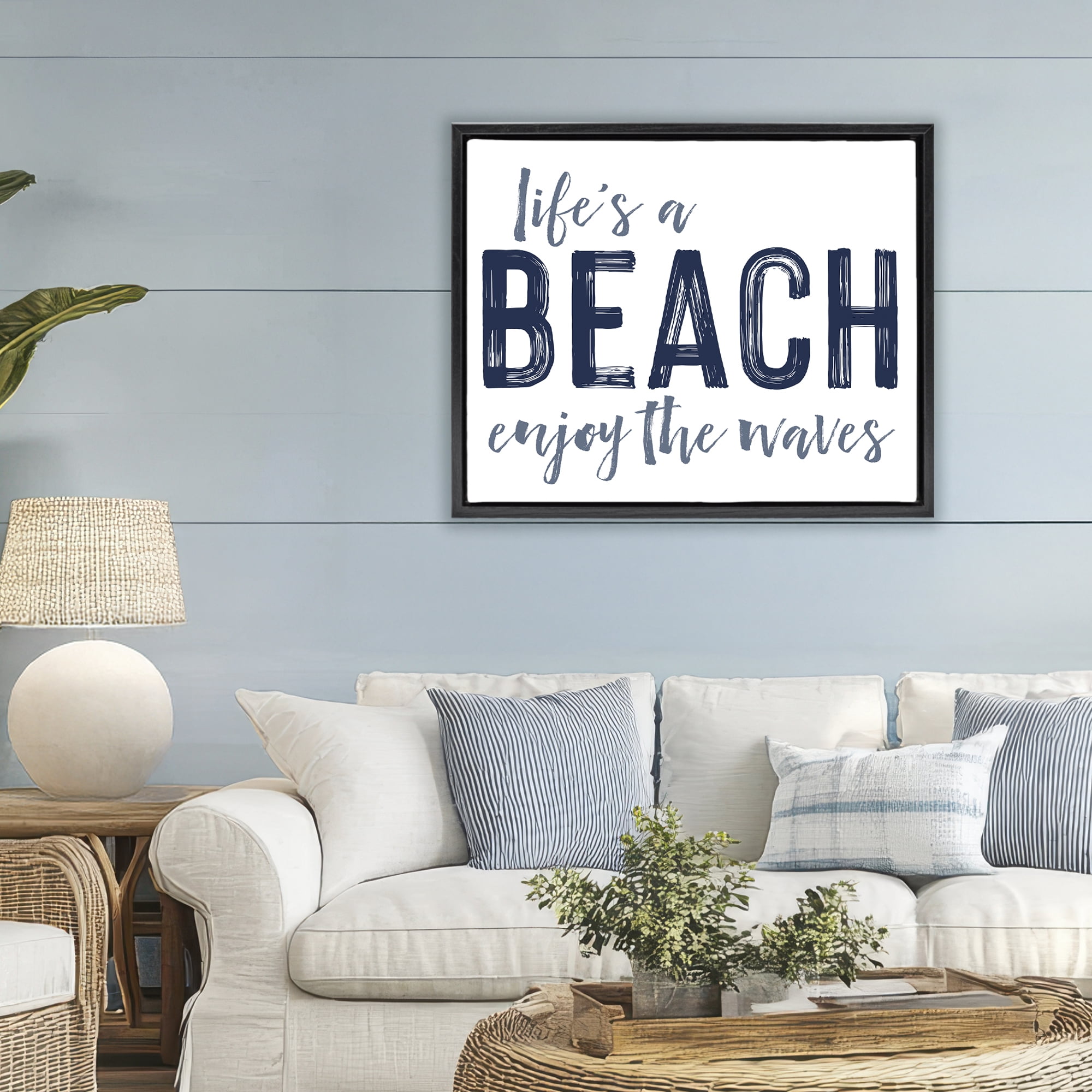 Summer Sentiment Enjoy Waves Black Framed Floater Canvas Wall Art, design by Lettered and Lined
