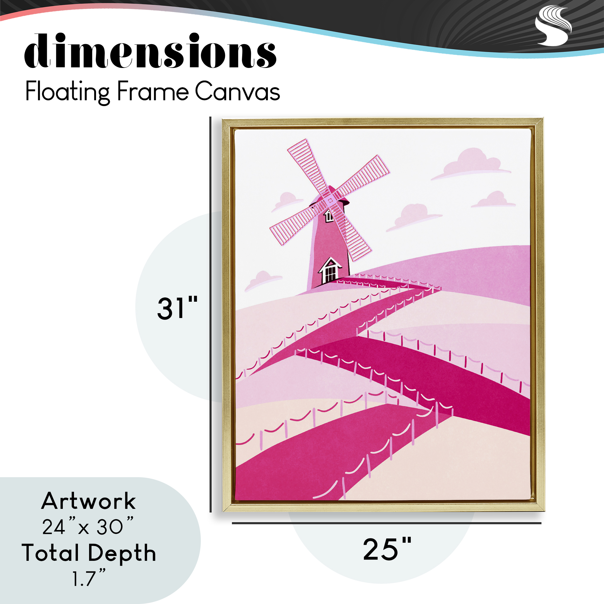 Pink Hills and Windmill Gold Framed Floater Canvas Wall Art, design by Ziwei Li