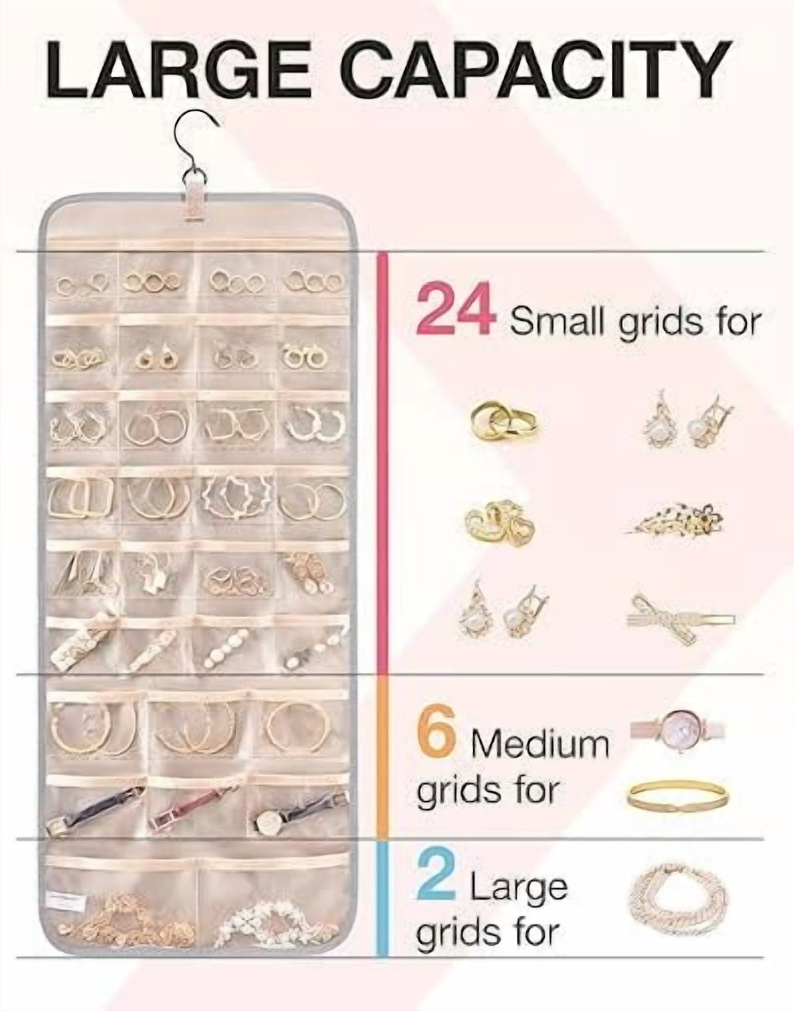 Hanging Jewelry Organizer Storage Roll with Hanger Metal Hooks Double-Sided Jewelry Holder for Earrings, Necklaces, Rings on Closet, Wall, Door, 1 piece, Large, Grey