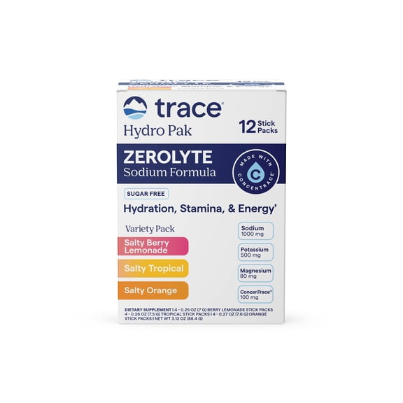 Trace Minerals Hydro Pak Zerolyte Electrolyte Drink Mix Variety Pack, Sugar‑Free Hydration Powder – Berry Lemonade, Tropical & Orange