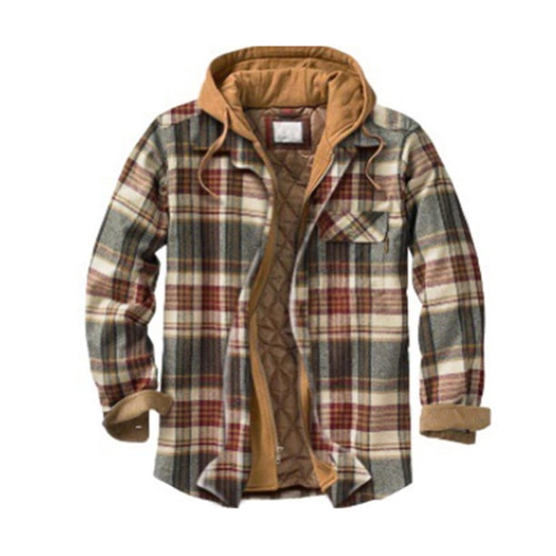 Mens Warm Quilted Lined Cotton Jackets With Hood Button Down Zipper Long Sleeve Plaid Jackets zhangyuxiang LED