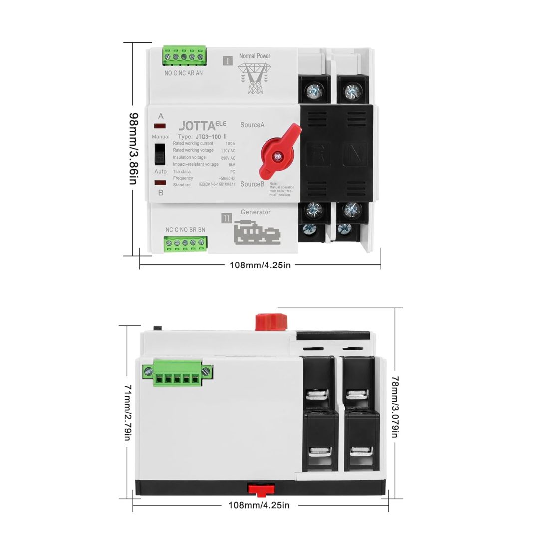ATS,Dual Power Automatic Transfer Switch 2P 100A 110V 50/60Hz,Changeover Switch for Generator