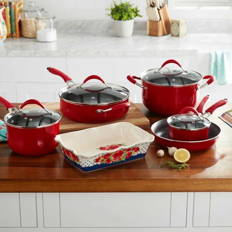 The Pioneer Woman Sweet Romance 30-Piece Nonstick Cookware Set, Red 