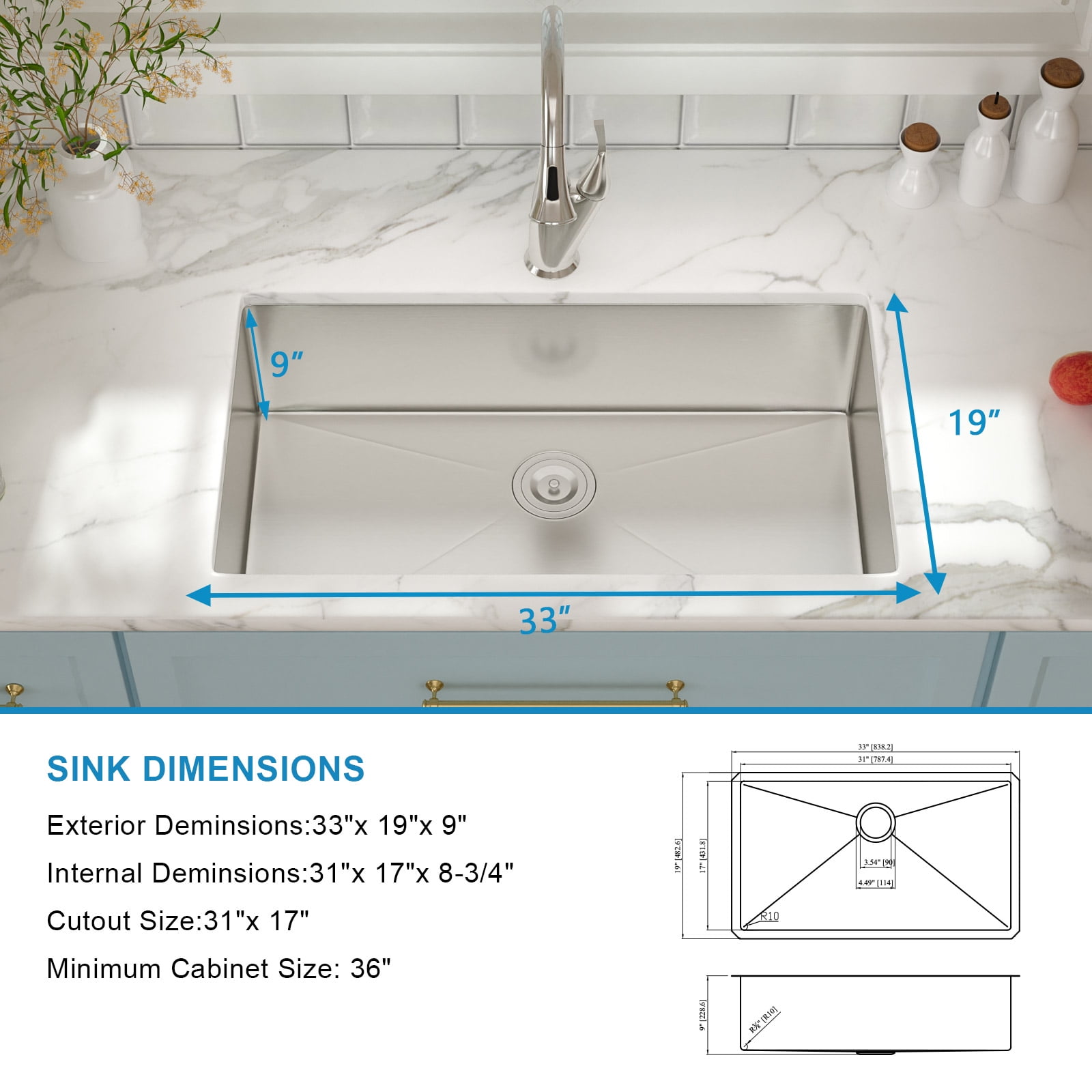 33 in. x 19 in. Undermount 16 Gauge Stainless Steel Single Bowl Kitchen Sink with Strainer Drain