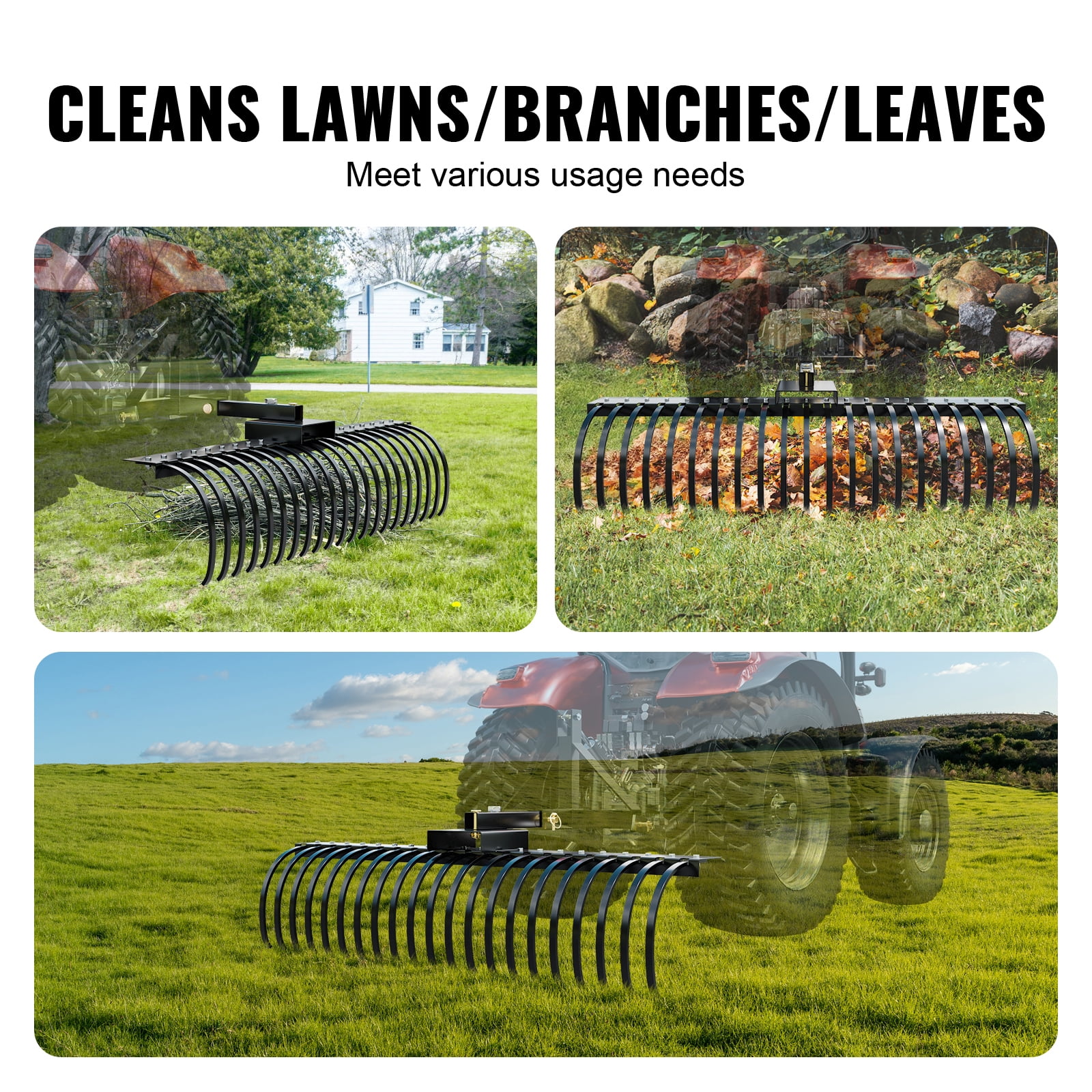 KFFKFF Landscape Rake, 60" Tow-Behind Dethatcher, Equipped with 21 Durable Steel Tines, Compatible with 48" or 60" Toolbars & 3-Point Hitch Systems, Ideal for Collecting Leaves