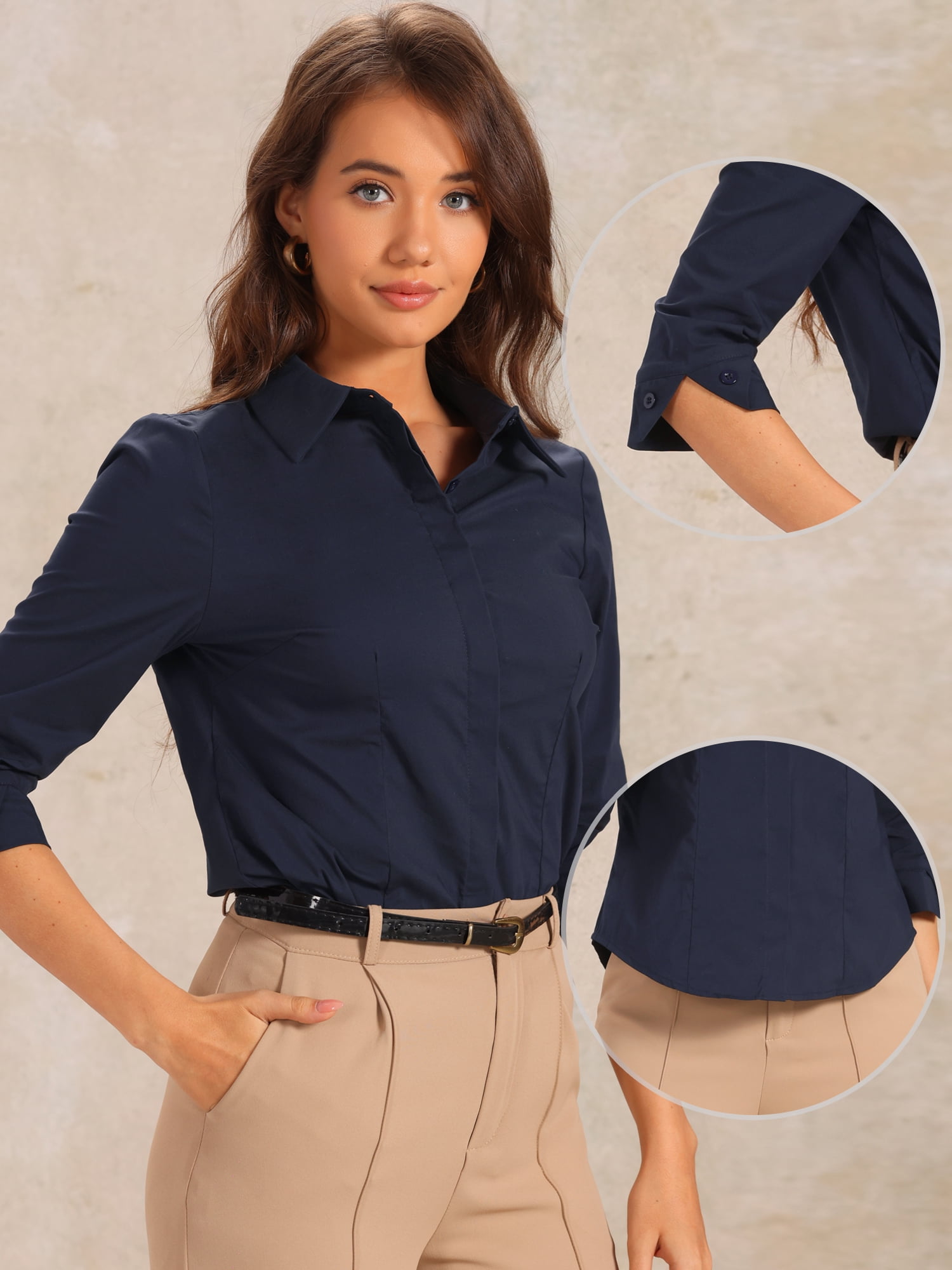 DARING DIVA Women's Button Down Collared 3/4 Sleeves Split Cuff Formal Top S Navy Blue