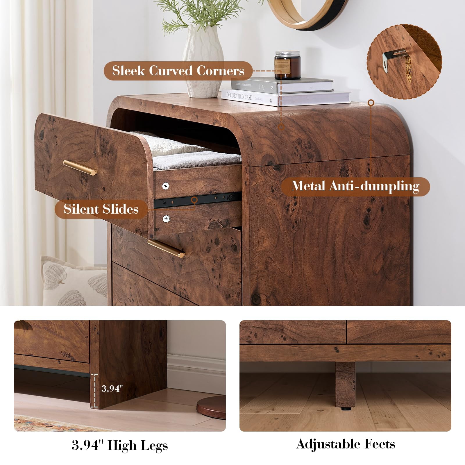 Vintagearth 5 Drawers Dresser for Bedroom, Curved 45.6" Tall FSC-certified Wood 1.18" Thick Board Dressers & Chests of Drawers for  Living Room, Hallway, Entryway, Dark Burl