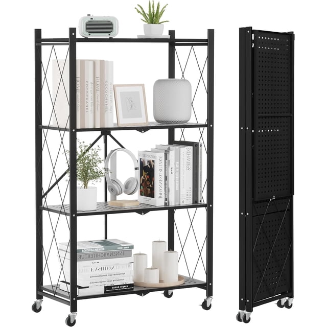 Storage Shelves with Wheels Bookshelf with Storage No Assembly Metal Rack Shelf for Kitchen Office Laundry Garage Tier )