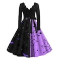 thumbnail image 2 of Women's Halloween Dress Pumpkin Spider Long Sleeve 1950s Hepburn Fall Dress V Neck Cocktail Classic Retro Tea Length Dress with Belt L, 2 of 5