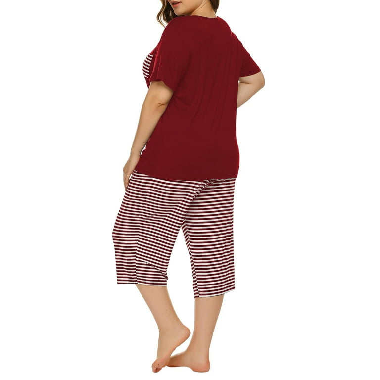 PlnotmeWomen Plus Size Pajamas Capris Pants Set Striped for Women Sleep Shirts Loose Casual Loungewear Sleepwear XL 5XL