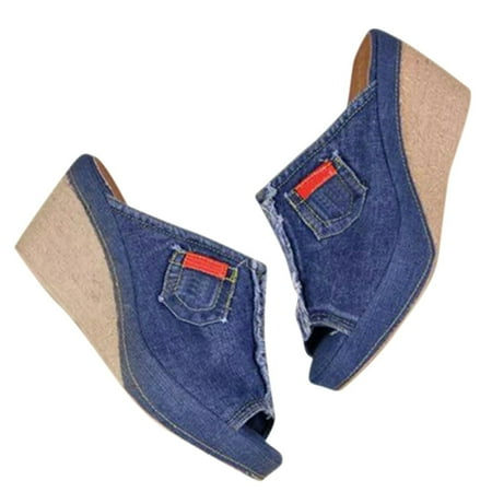 

PENGXIANG Denim Platform Wedges Women Espadrille Wedges Sandals with Knotty Bow Detail