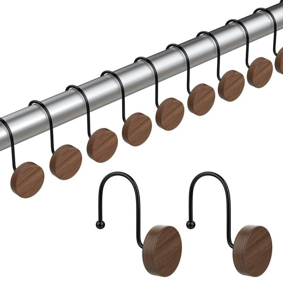 Shower Curtain Hooks, Decorative Rings for Rod, Imitation Wood Grain Resin Hangers, Hooks Bathroom, Bedroom Set of 12 ()