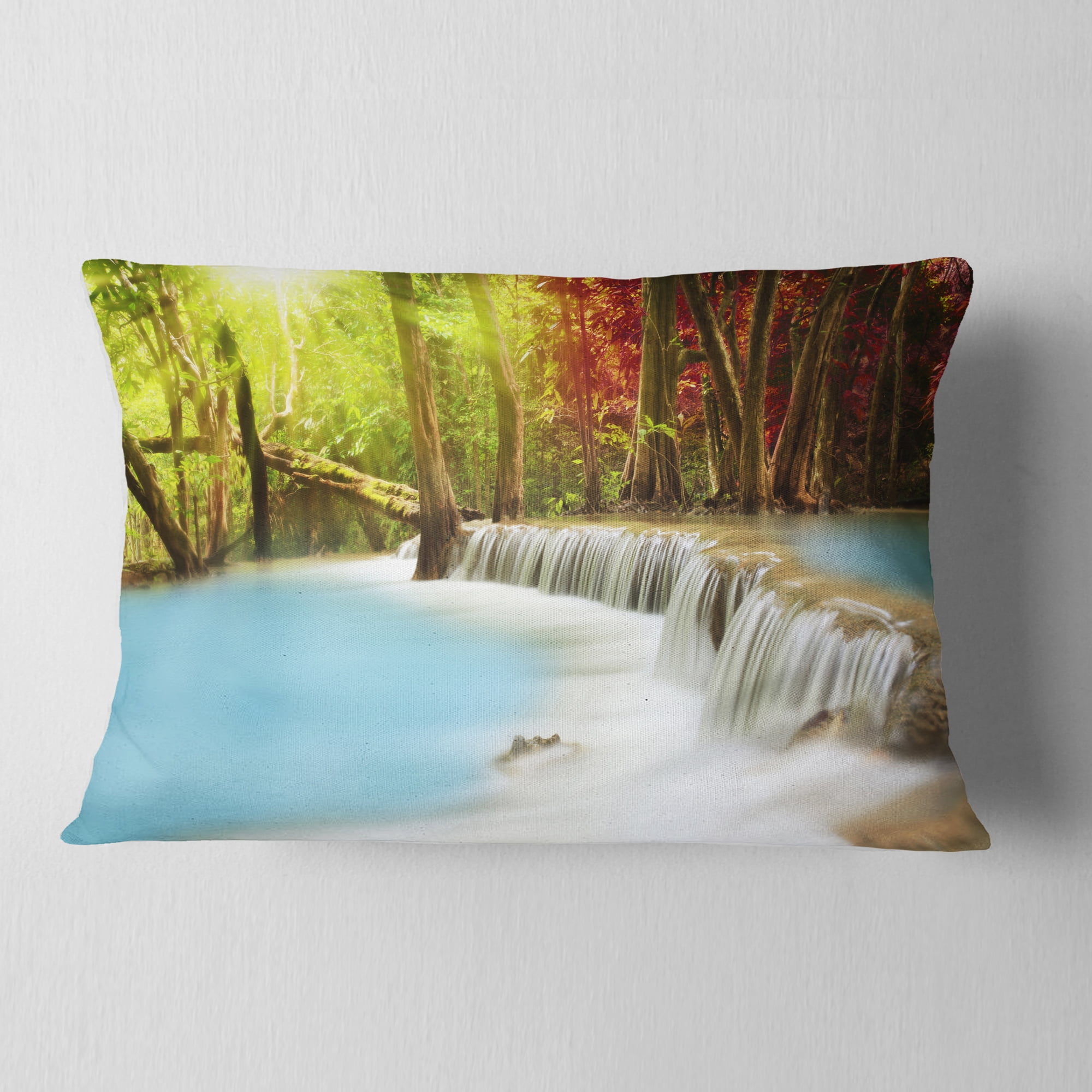 Designart Blue Waters of Huai Mae Kamin Waterfall - Landscape Printed Throw Pillow - 12x20