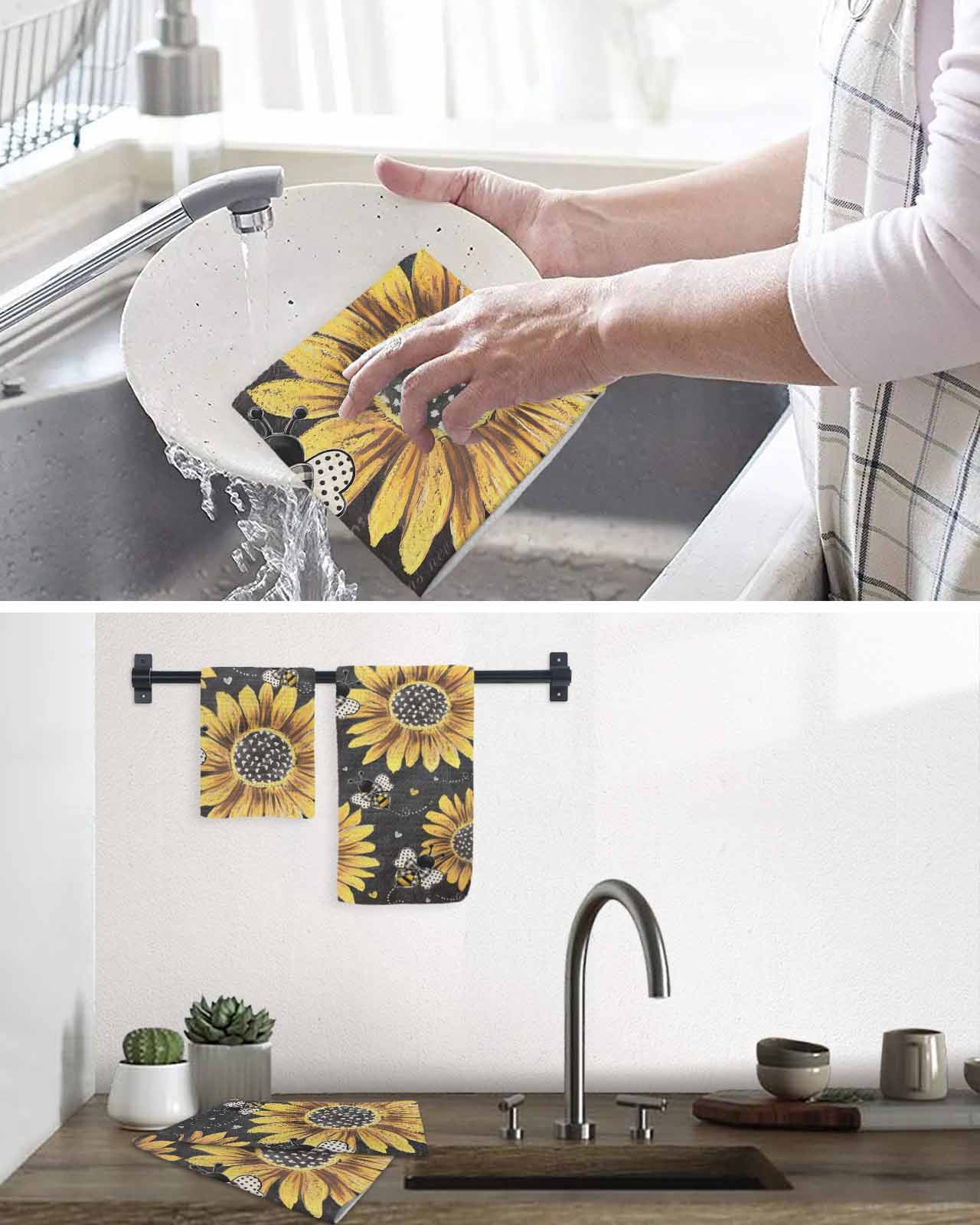 Sunflower Bee Kitchen Dish Towels for Drying Dishes Set of 4, Black Yellow Farm Flower Spring Summer Waffle Weave Microfiber Terry Hand Tea Bathroom Towels Quick Dry & Absorbent Towel 15.7x23.6
