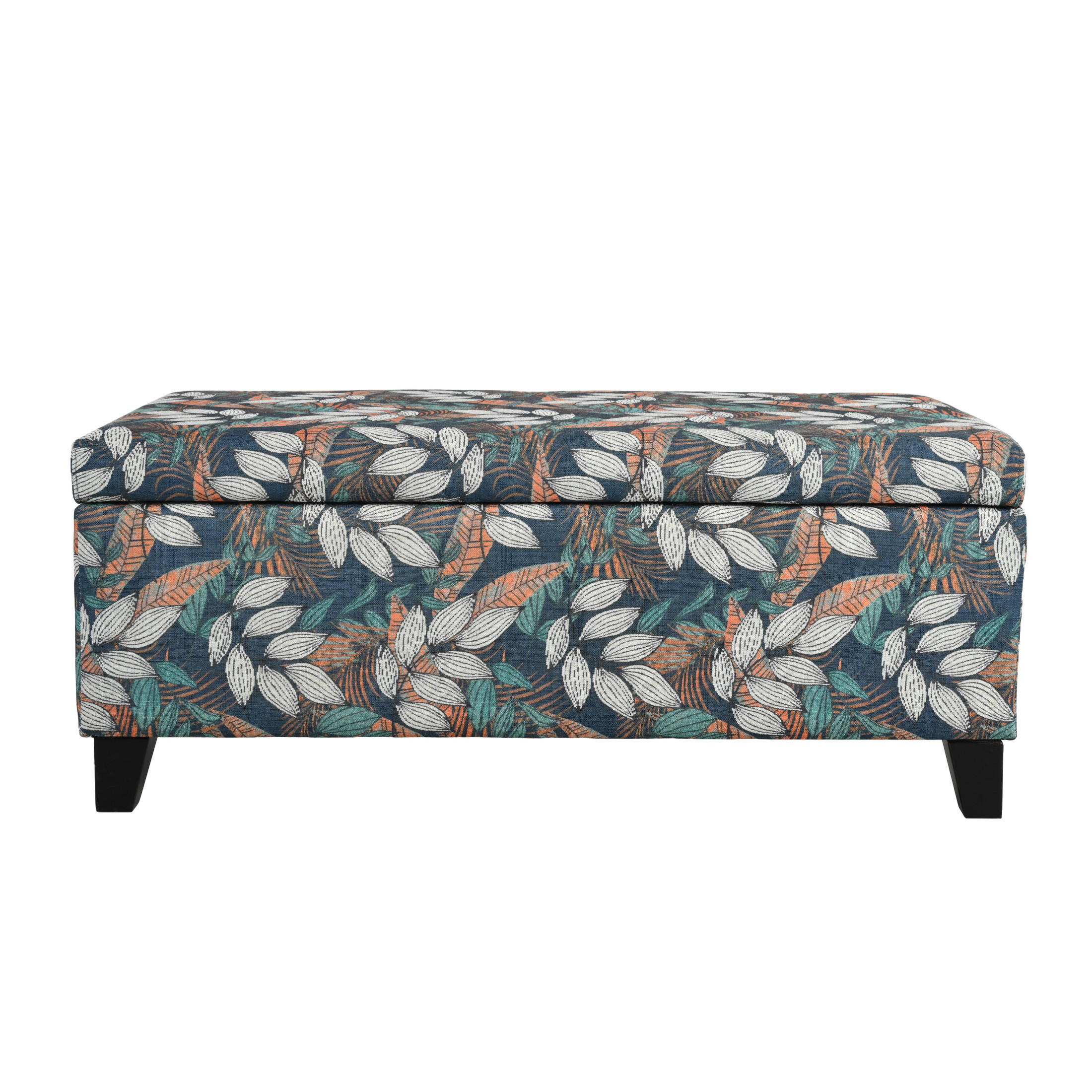 Cruz Contemporary Upholstered Storage Ottoman with Soft Pressure Hinges, Floral Pattern, Orange+White