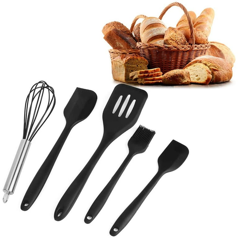 EIMELI 5pcs Cooking Rubber Utensils Set, Black Silicone Slotted