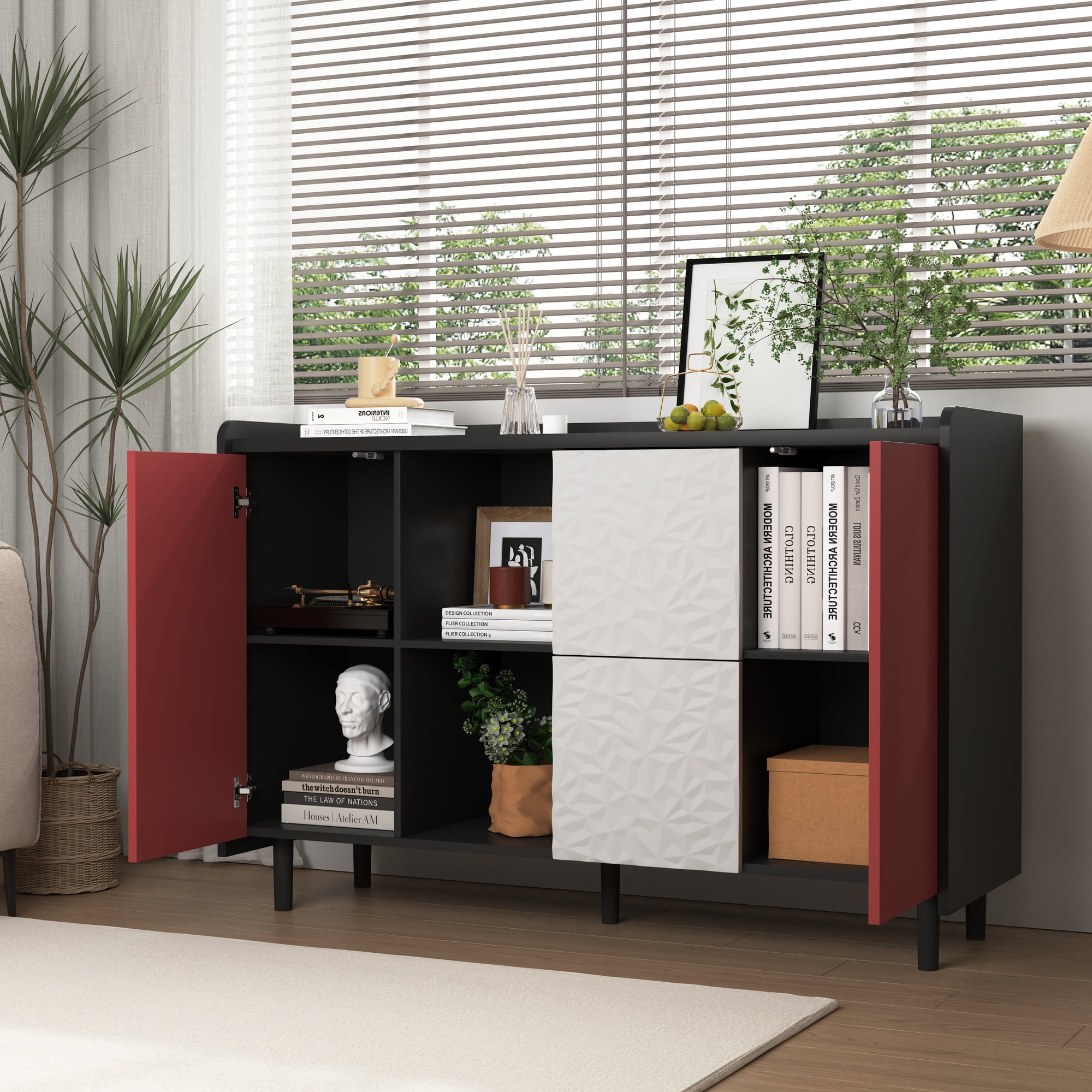 Noble House Sideboard Buffet Cabinet with 2 Drawers and Open Compartments, Black and Red