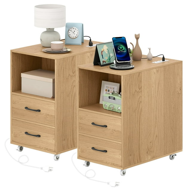 Gymax 2PCS End Table w/Built-in Charging Station USB Ports Outlets 2 Drawers 3 Shelves Natural