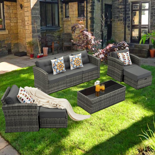 Cozyhom 8 Pieces Gray Wicker Rattan Patio Sofa Furniture Set with Dark