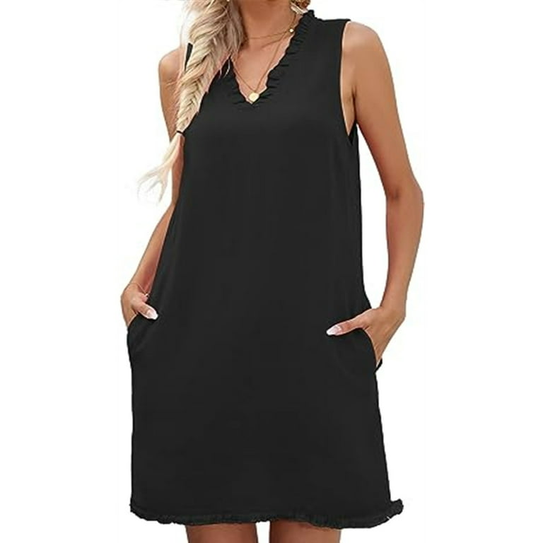 AKOEE Summer Cotton Linen Tank Dress with Pockets Sleeveless Ruffle Trim V Neck Casual Short Dress for Women Loose Fit (Small, Black), Women's AKOEE Summer Cotton Linen Tank Dress with Pockets Sleeveless Ruffle Trim V Neck Casual Short Dress for Women Loose Fit (Small, Black), Women's