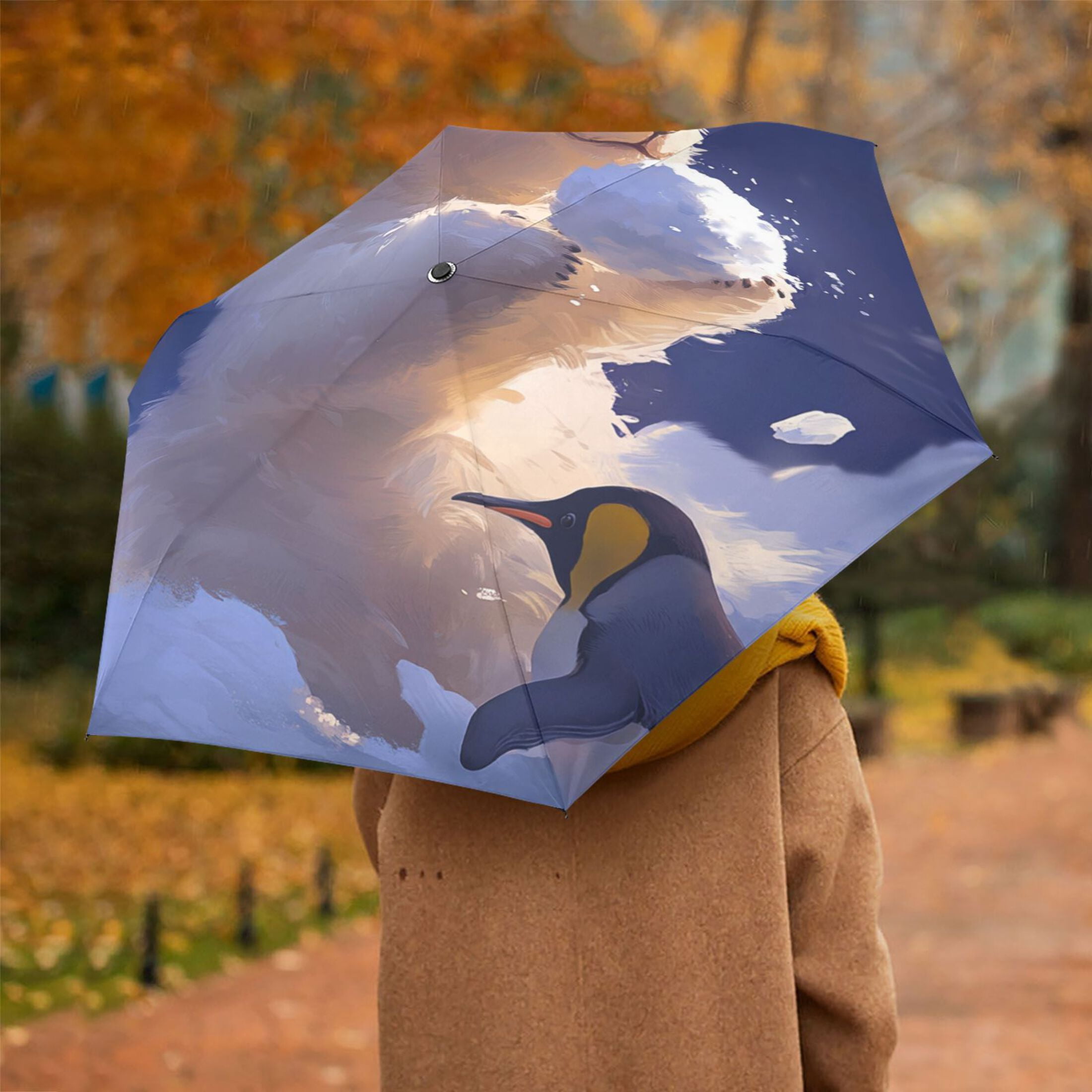 Penguin and Polar Bear Folding Umbrella UV50+ Waterproof Sun Protection Auto Open Close Compact Fiberglass Frame