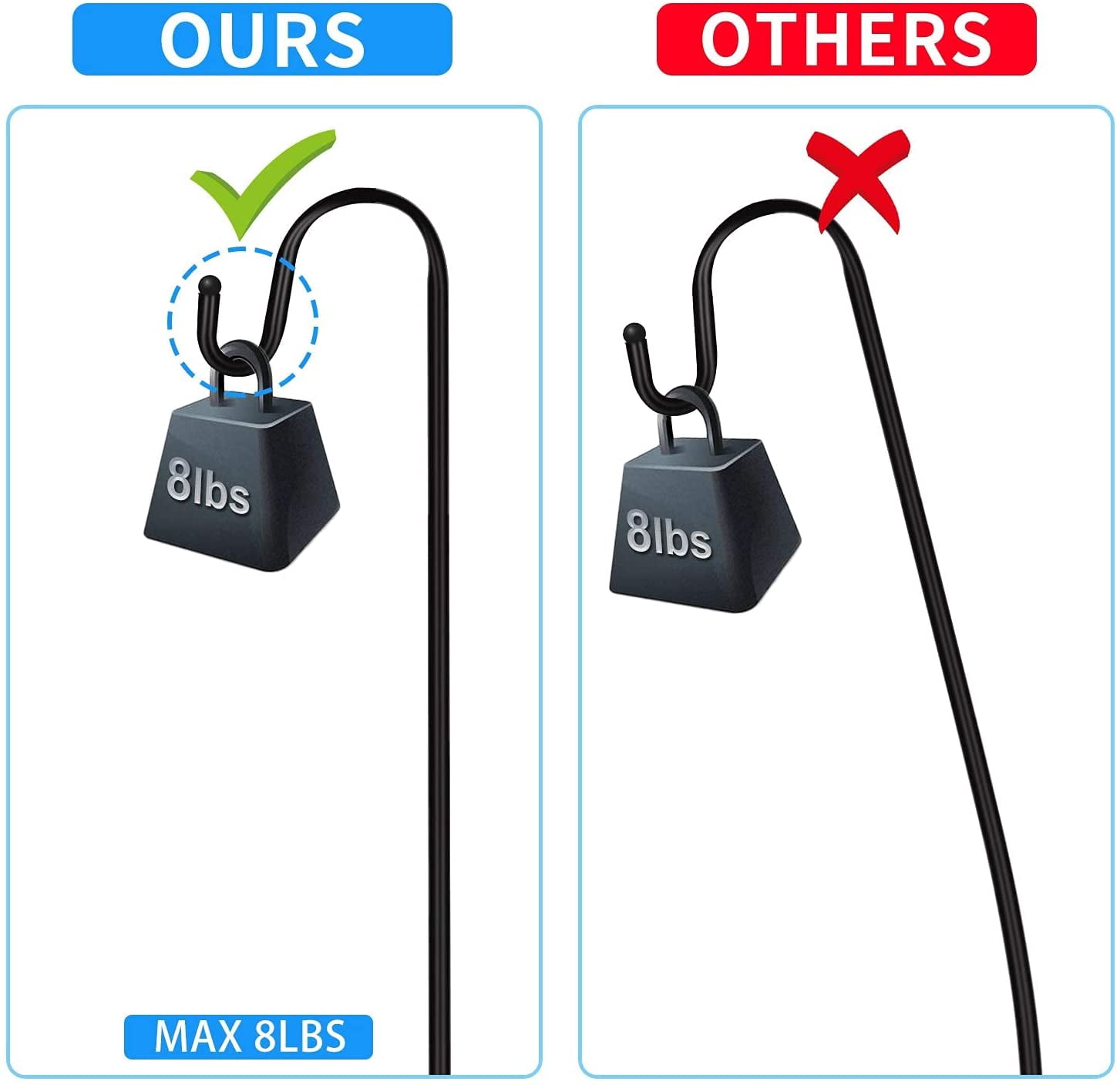 Shepherd Hooks 2 Pack - 48 Inches High 1/2 Inch Thick Adjustable Rust Resistant Shepards Hooks for Outdoor Solar Lights, Lanterns, Flower Basket, Bird Feeder.
