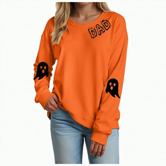 mgoYE Halloween Womens Clothing Sweatshirts Halloween Ghost Sweatshirt Women - Halloween Graphic Crewneck Tops Casual Sweater(Orange,M)