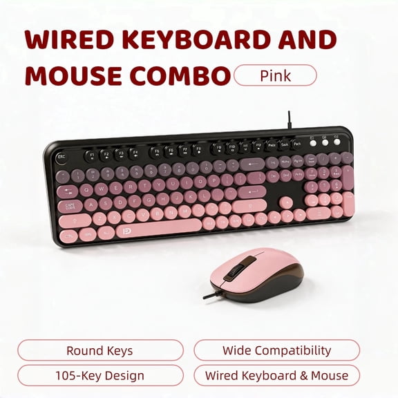 Pink Wired Keyboard and Mouse Combo, Full Size Quiet Typing Cute Aesthetic Desk Setup, USB Plug and Play for Girls Students Dorm Room Home Office