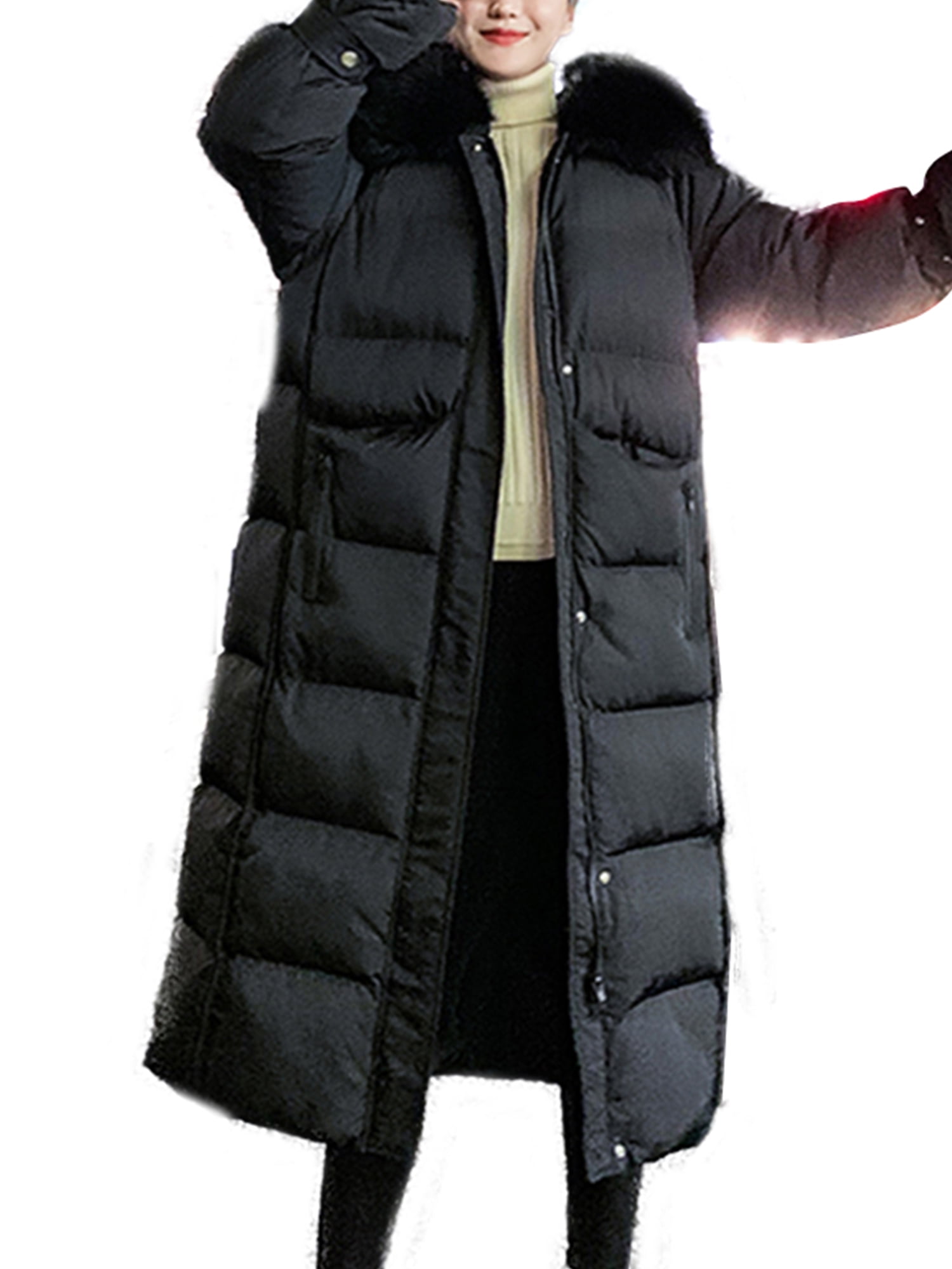 Womens Winter Long Down Cotton Parka Coat Warm Fur Collar Hooded Jacket Outwear 