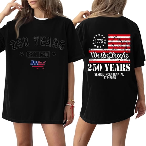 Womens Loose Fit Short Sleeve Crewneck T Shirt 250 Years 1776 Graphic Print Casual Top Tee for Anniversary Event Black L