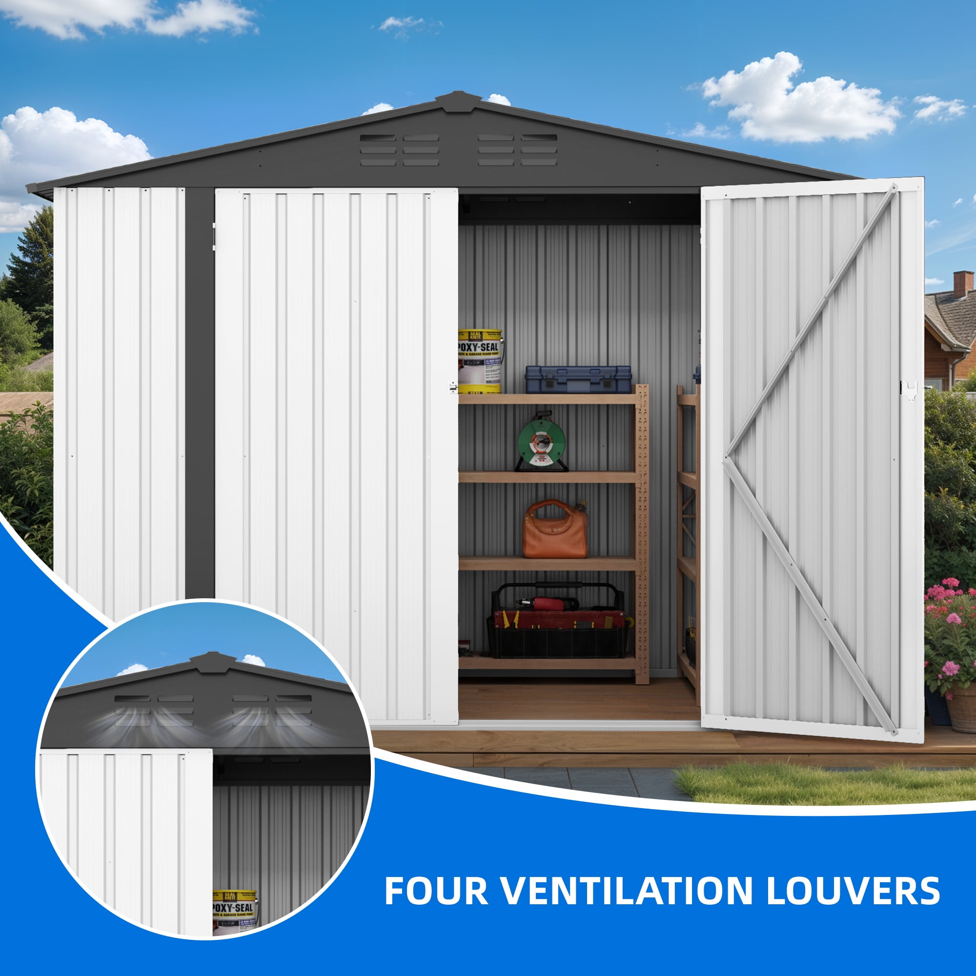 Dextrus 8x6 FT Outdoor Storage Shed with Lockable Doors & Air Vent, Large Metal Tool Sheds House for Backyard Patio, Bikes, Tools,White