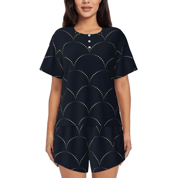Balery Black Fish scales Conjunto de Pijama para Mujer con Estampado, Dos Piezas de Manga Corta y Shorts, Ropa de Dormir Suave con Cuello Redondo y Bolsillos-XX-Large