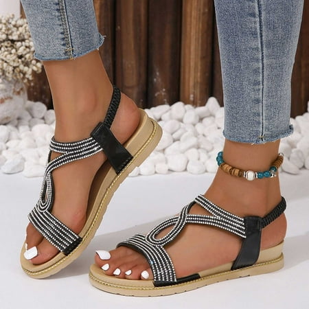 

AXXD Women Black Sandals Clearance Under $10 New Summer Rhinestone Comfortable Flat Elastic Strappy Sandals