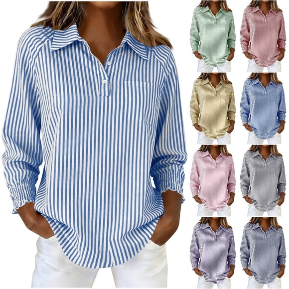 Sentmoon Womens Shirt 3/4 Sleeve Travel Womens Tops Summer Striped Print Button Down Regular Fit Womens Workout Tops for Travel and Leggings Outfit M