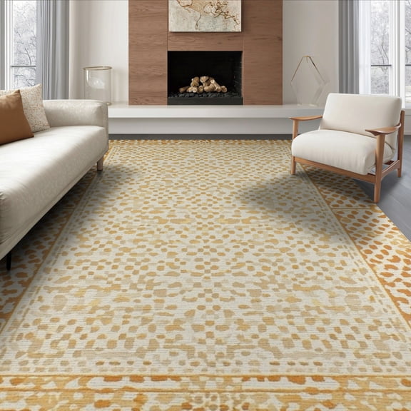 ODIKA 8'x10' Washable Area Rug Non-Shedding, Easy Care, Cow Spotted Bold Patchwork Block Motif Border Abstract Inspired for King Size Bedroom Under Bed, Master Suite