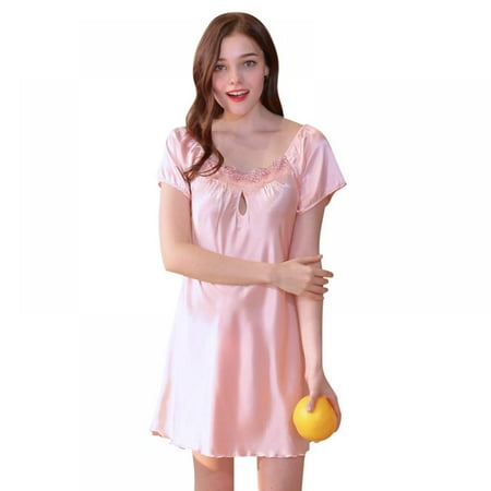 

Ame Nightgown Casual Short-Sleeve for Women Nightwear Silk Solid Color Hollow Lace Homewear Pajamas